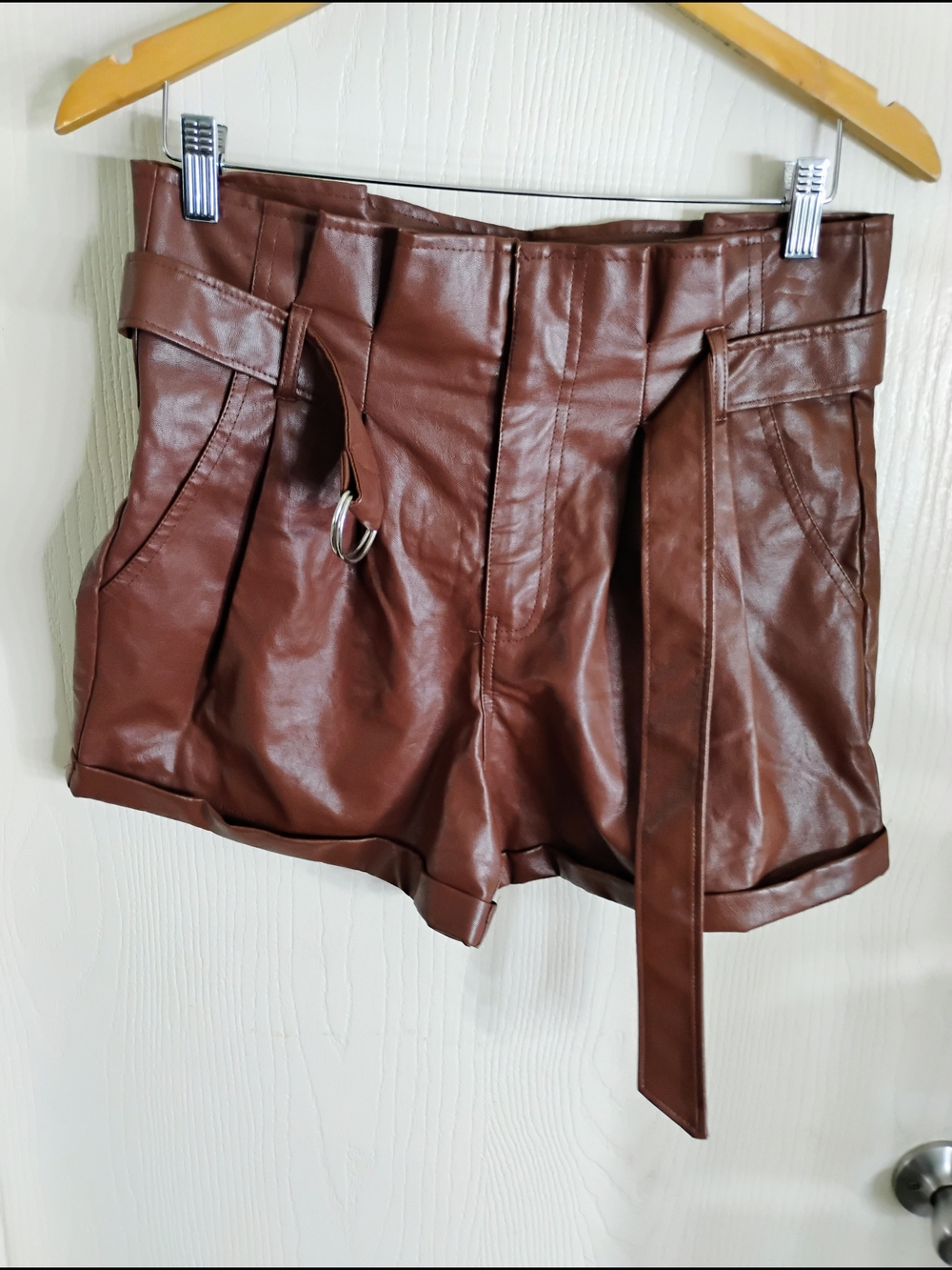 High-Waist Brown Faux Leather Belted Women's Shorts